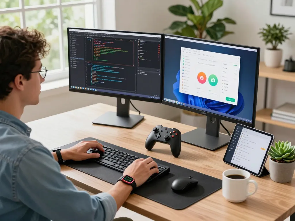 Workspace with must-have tech gadgets like a Bluetooth game controller and smart watch, creating a productive tech environment.