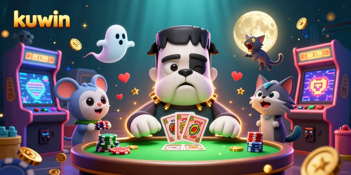 Kuwin introduces its exciting casino experience with a lively scene of cartoon characters dealing cards and playing at a glowing table.