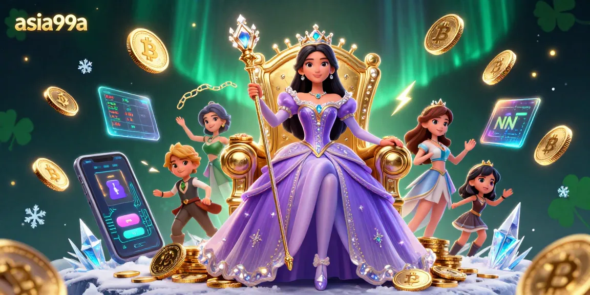 Win big with asia99a at a vibrant 3D casino themed scene featuring crypto elements.