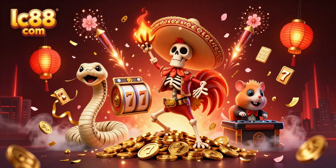 Experience the vibrant energy of lc88 com with this lively scene featuring a festive skeleton, mummy, and DJ amidst gold coins and jackpots.