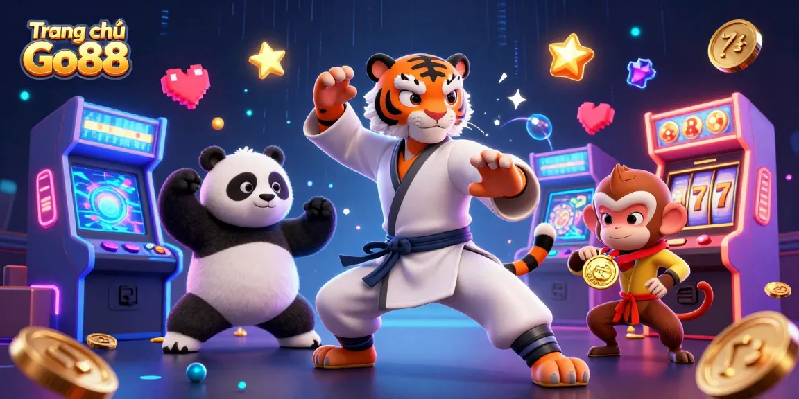 Experience excitement at Trang chủ Go88 with engaging 3D tiger, panda, and monkey characters amidst a vibrant casino scene.