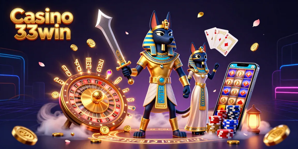 Play exciting games at Casino 33win with ancient Egyptian warriors, coins, and roulette action.