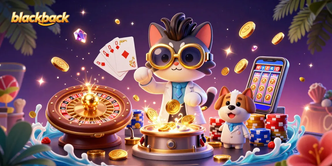 Experience blackjack action with a mad scientist cat and dog creating winning strategies amidst casino chaos.