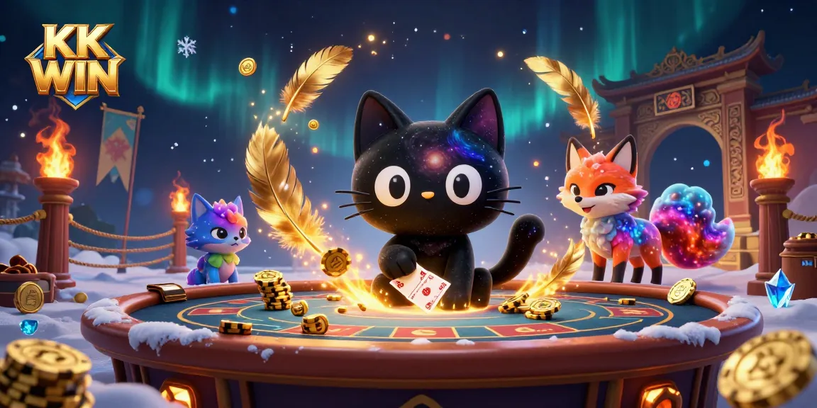 KK WIN offers exciting casino gameplay as a black hole cat pulls in golden chips at a dynamic cosmic table.
