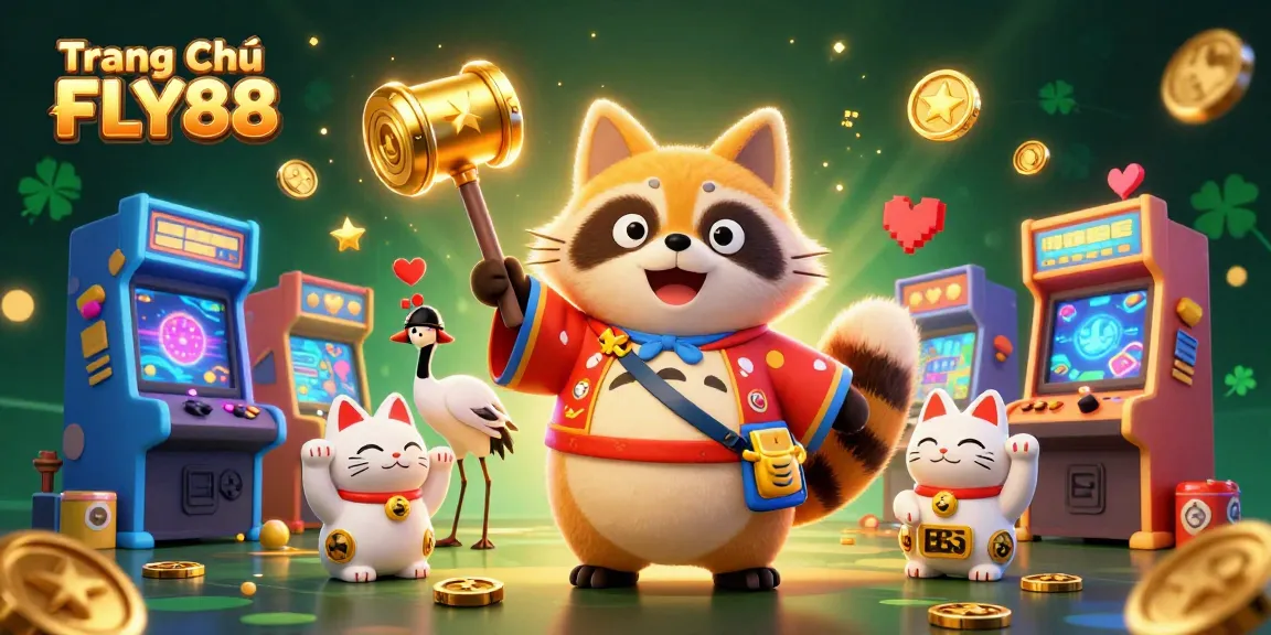 Immerse yourself in the vibrant world of Trang Chủ FLY88 as a tanuki and maneki-neko activate your luck with casino games.